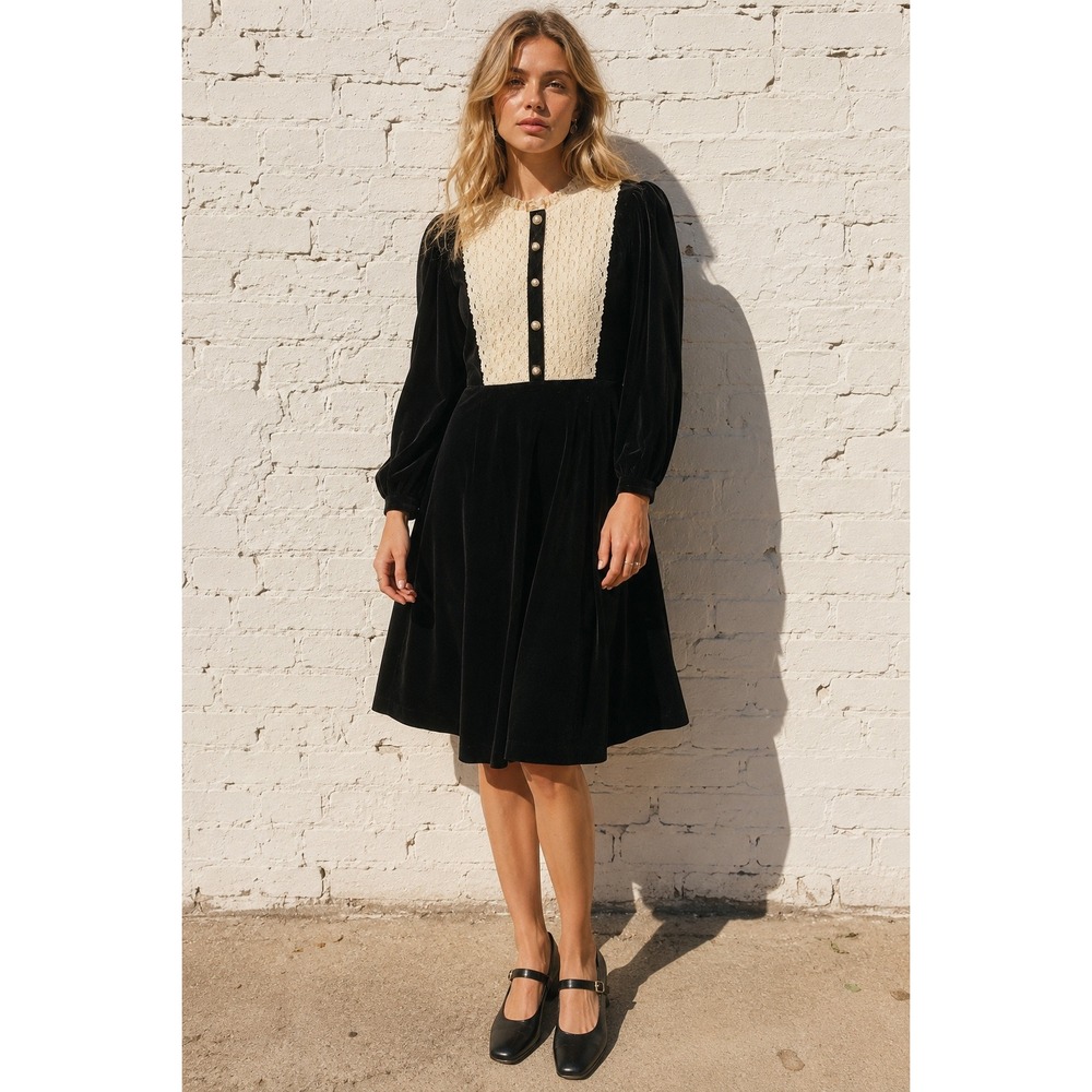 Vintage MADU Black Velvet Lace Bib Dress Pearl Button Victorian Cottagecore L